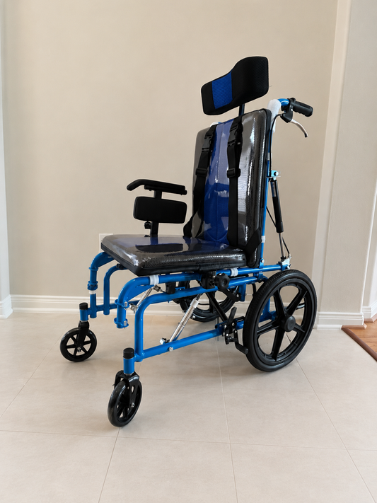 Pediatric Reclining Wheelchair with Headrest & Elevating Leg Rests – Blue