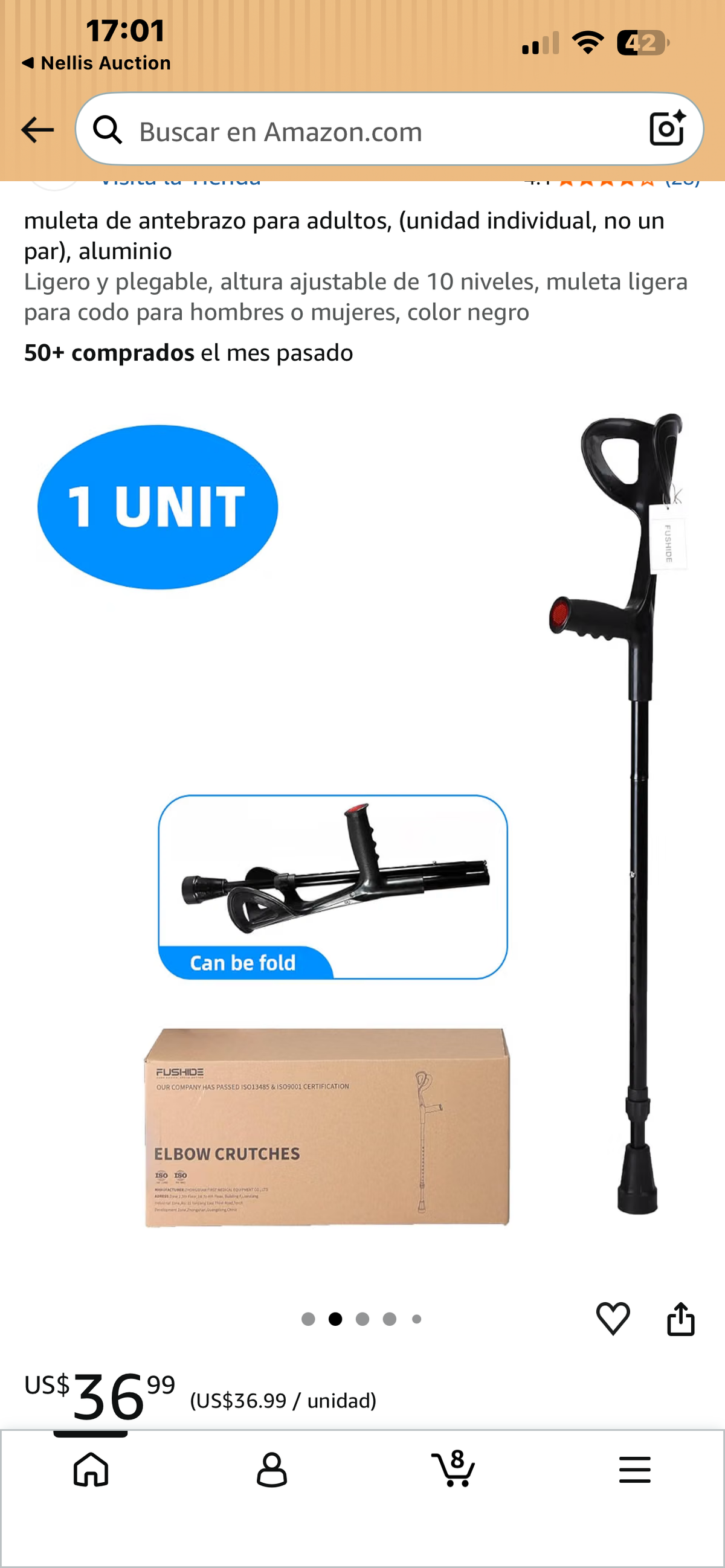 Adjustable Forearm Crutch for Adults – Lightweight Aluminum, Single Crutch