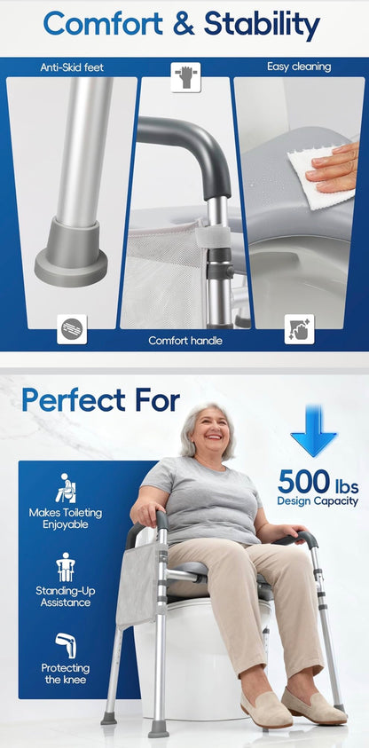 Asiento de inodoro elevado con asas, altura y ancho ajustables
500lb