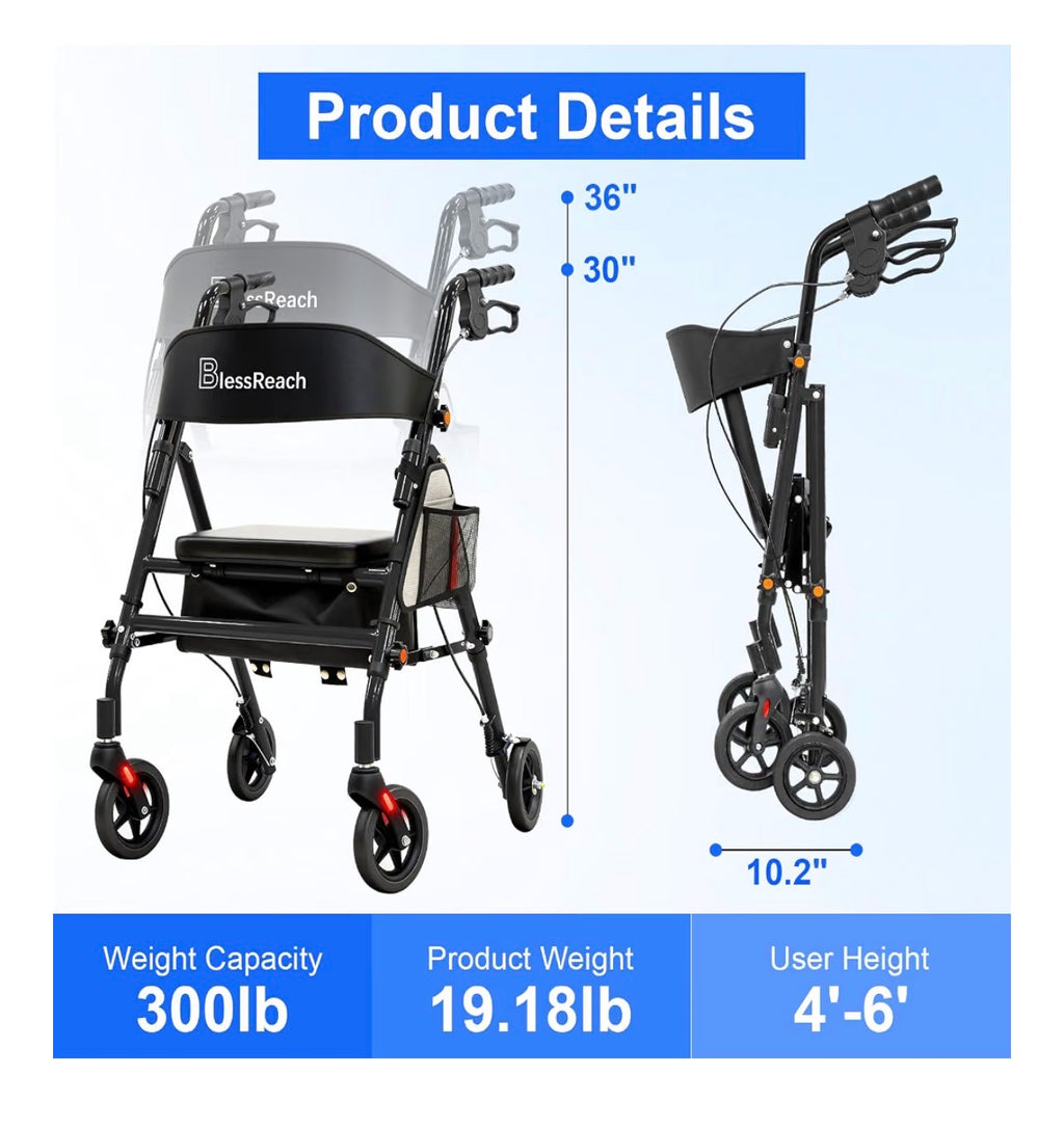BlessReach Andador plegable ligero con asiento para personas mayores