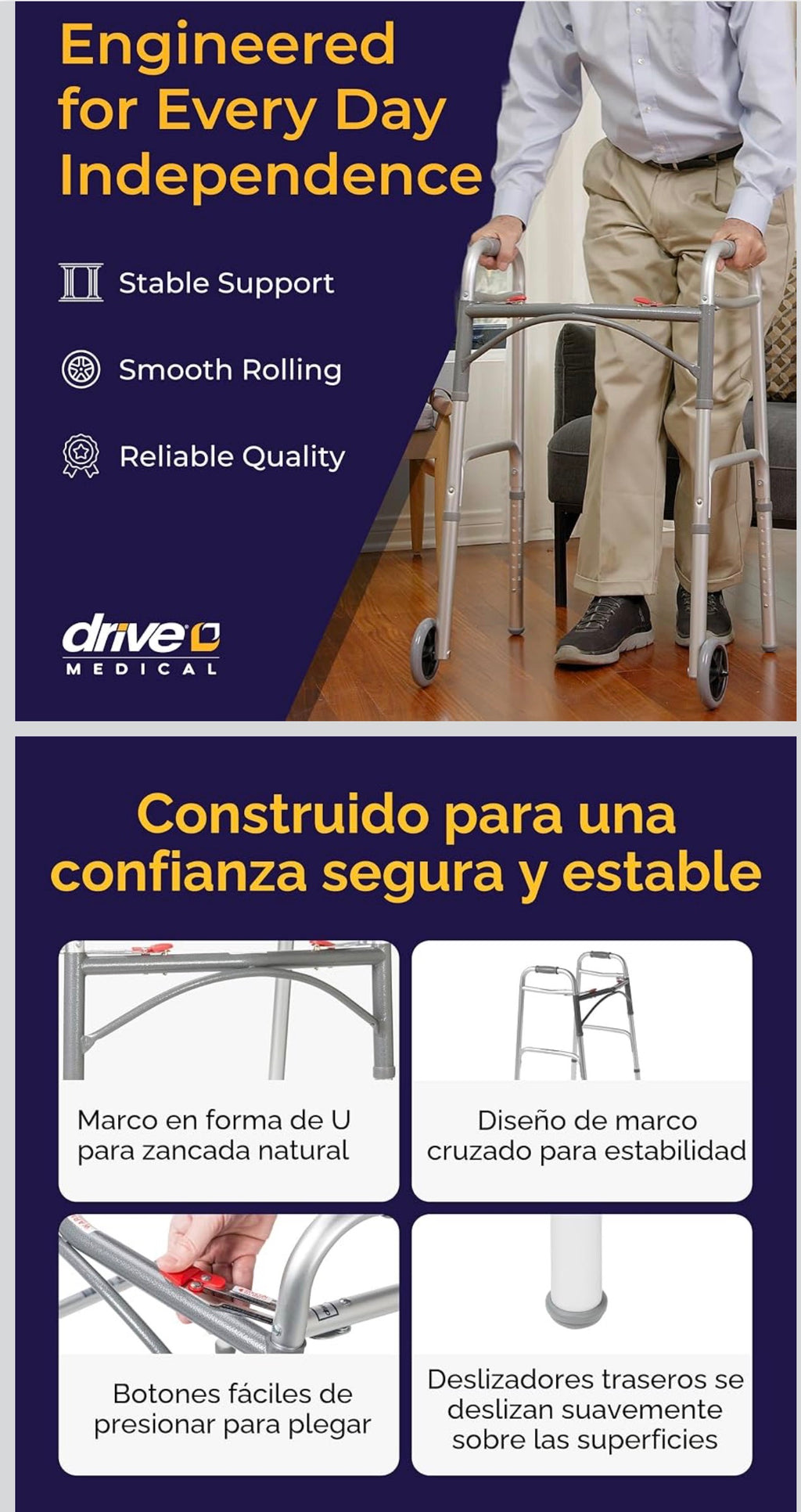 Andador plegable de lujo de dos botones con ruedas de 5 pulgadas