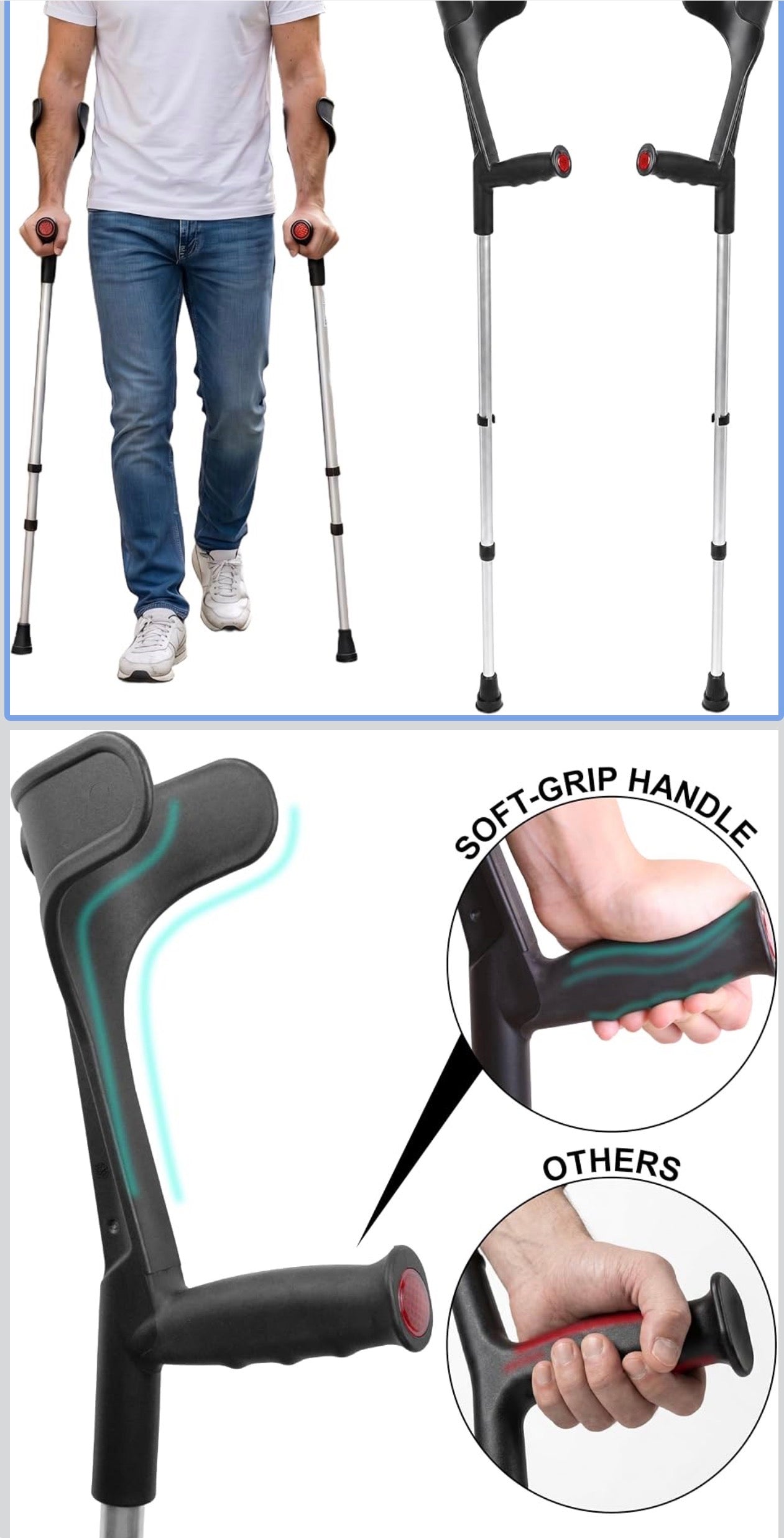 Mobility Muletas para antebrazo para adultos (2 unidades) puño abierto, altura ajustable, aluminio, muletas ligeras para codo, fabricadas en Europa
