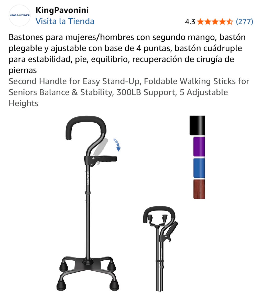 Bastones para mujeres/hombres con segundo mango, bastón plegable y ajustable con base de 4 puntas