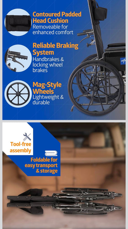Medline Silla de ruedas reclinable, 18 pulgadas, con reposapiernas elevables.