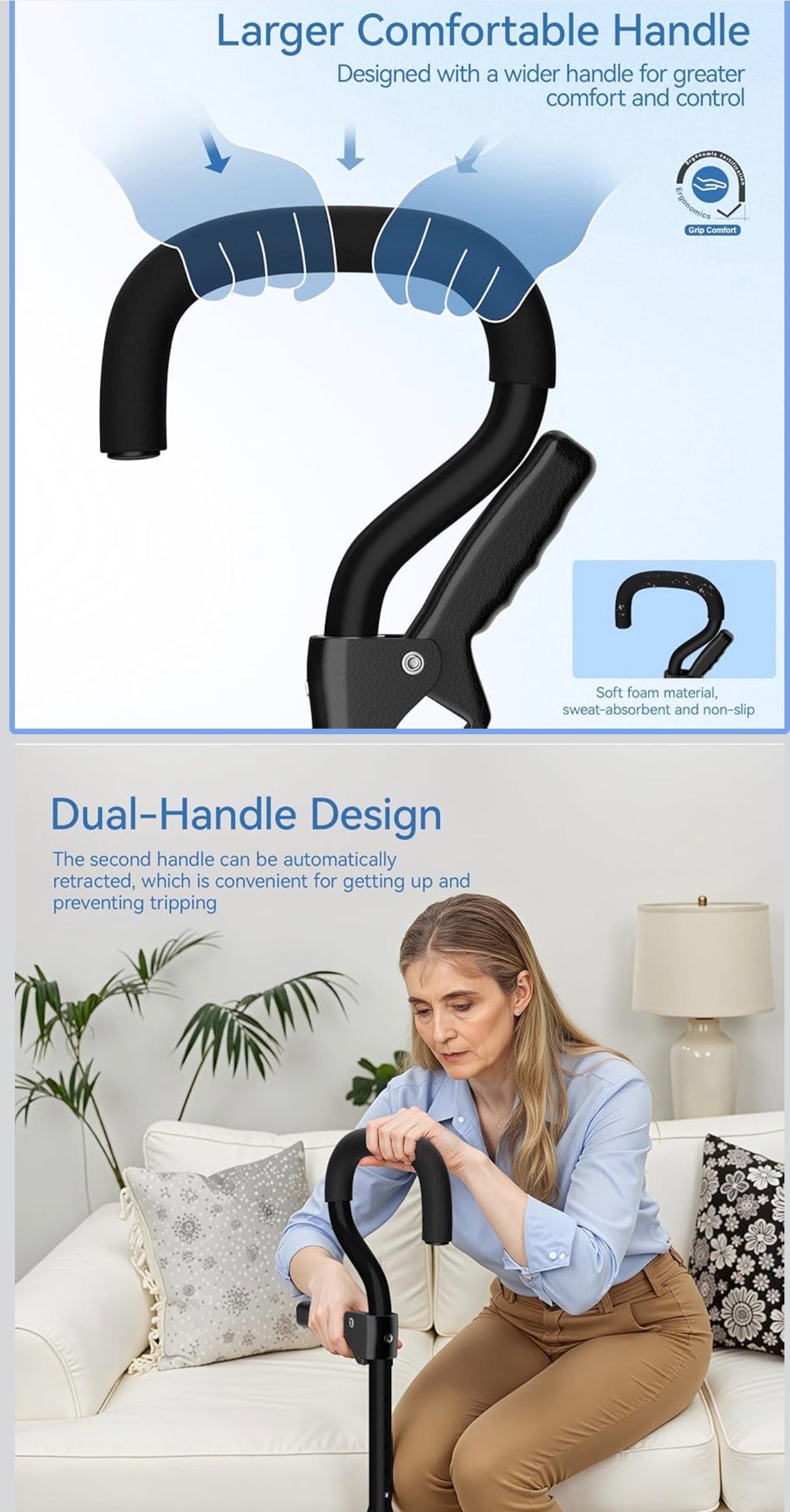 Bastones para mujeres/hombres con segundo mango, bastón plegable y ajustable con base de 4 puntas