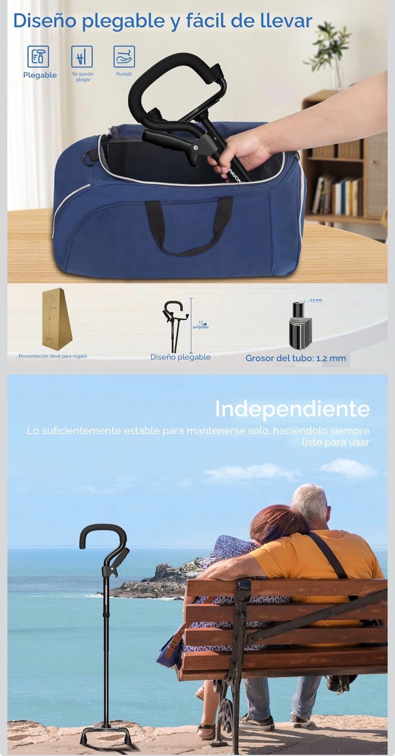 Bastones para mujeres/hombres con segundo mango, bastón plegable y ajustable con base de 4 puntas