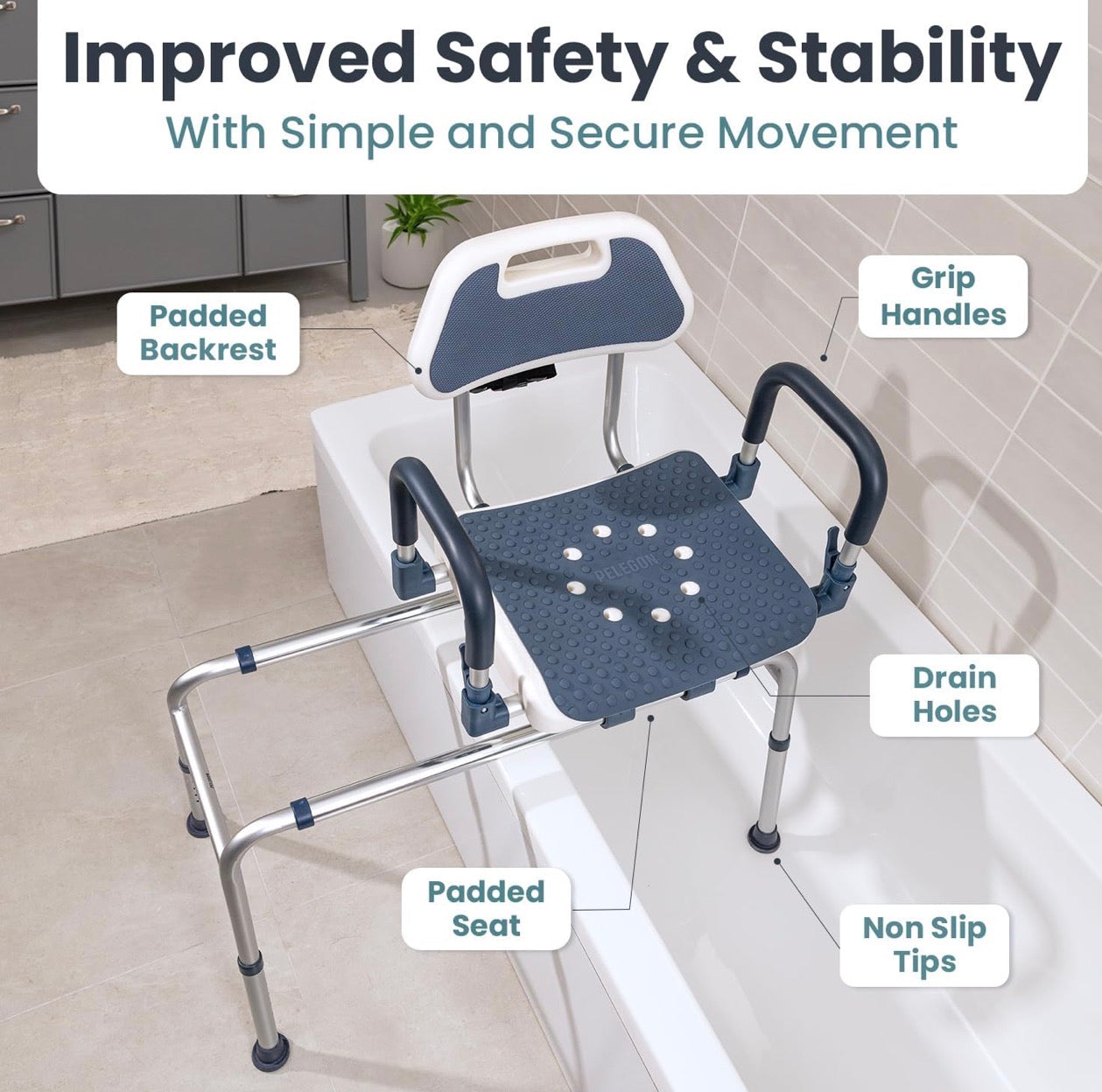 Silla de ducha deslizante con asiento giratorio