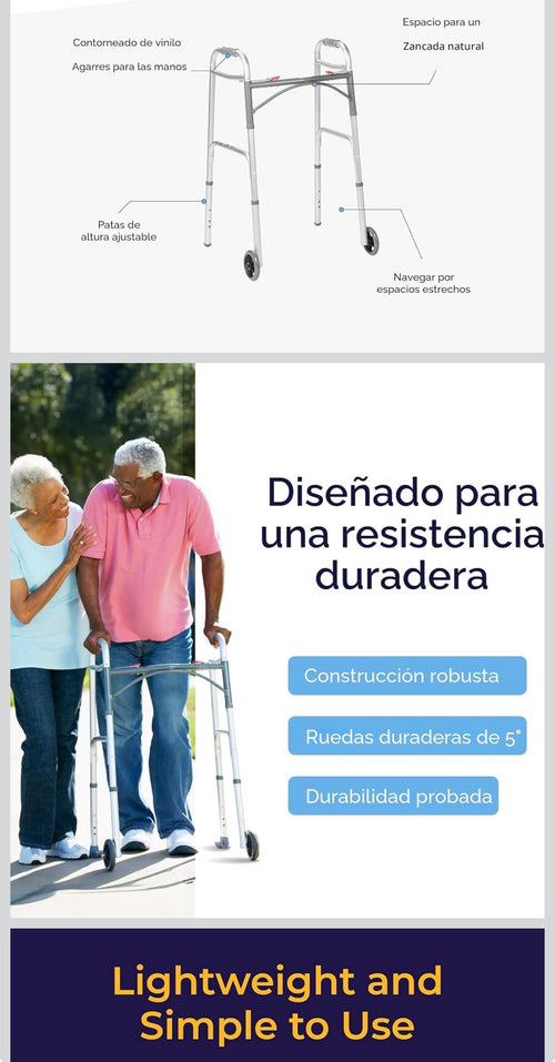 Andador plegable de lujo de dos botones con ruedas de 5 pulgadas
