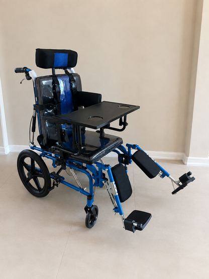 Pediatric Reclining Wheelchair with Headrest & Elevating Leg Rests – Blue
