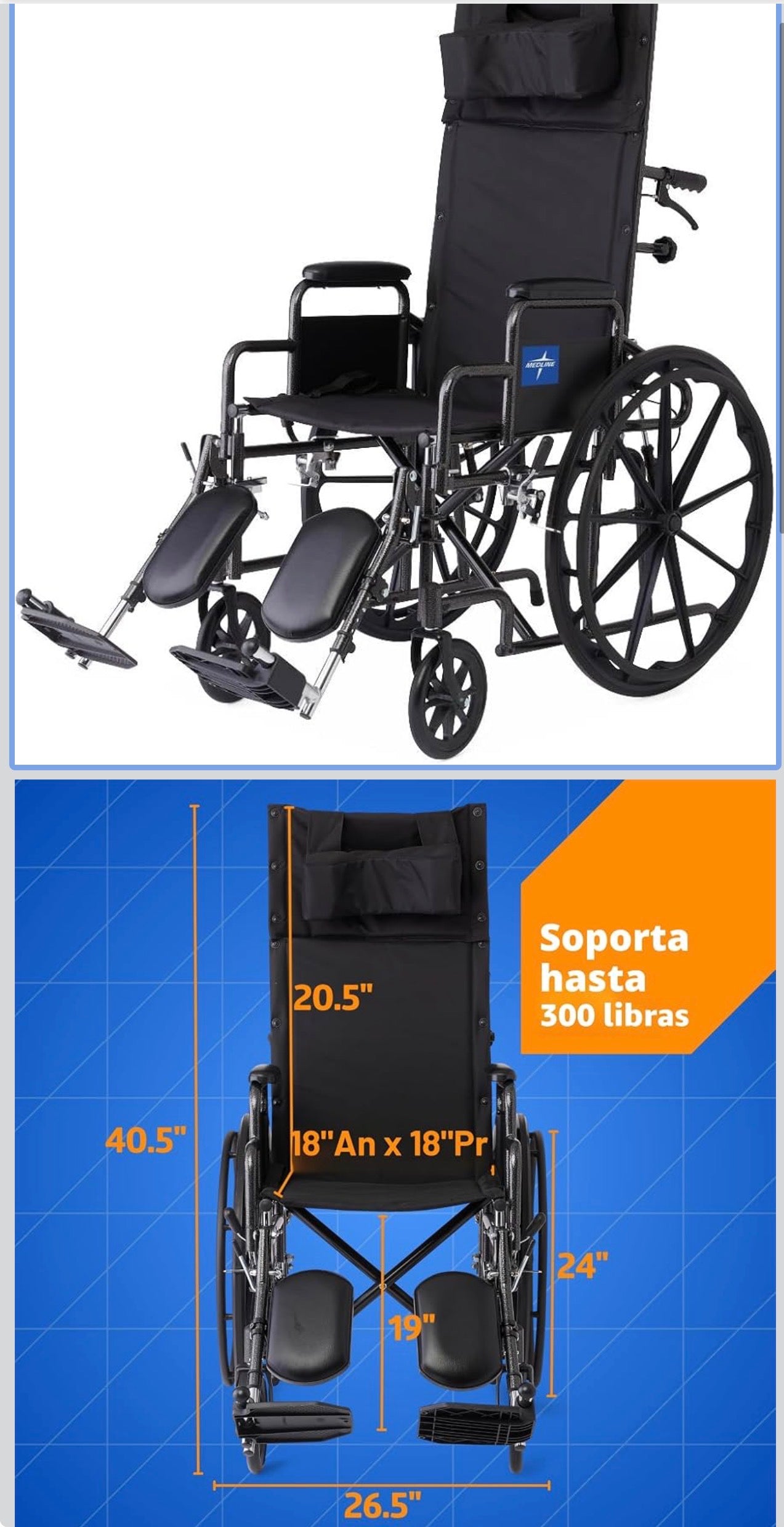 Medline Silla de ruedas reclinable, 18 pulgadas, con reposapiernas elevables.