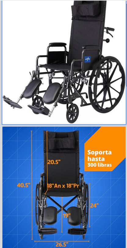 Medline Silla de ruedas reclinable, 18 pulgadas, con reposapiernas elevables.