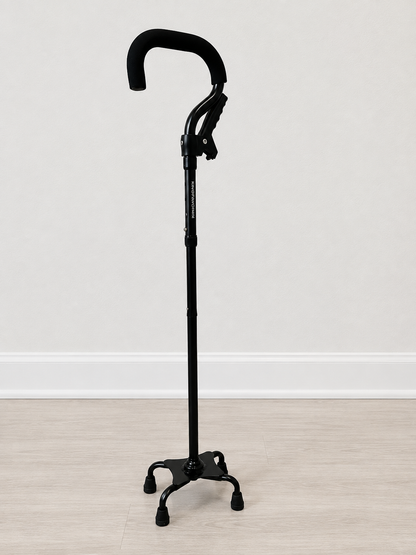 Adjustable Folding Quad Cane with Dual Handle – Black