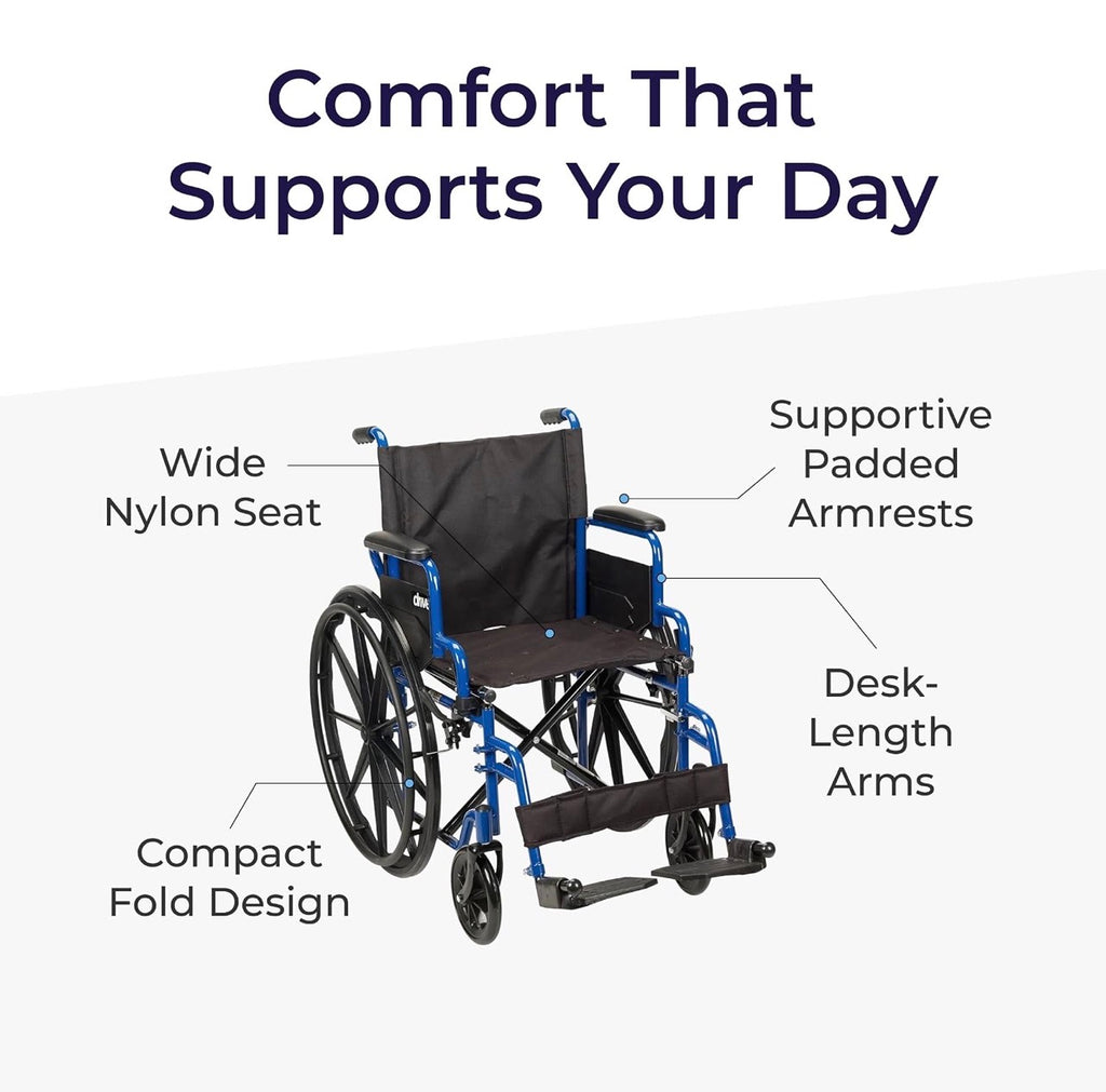 Silla de ruedas azul con brazos desmontables de escritorio de Drive Medical