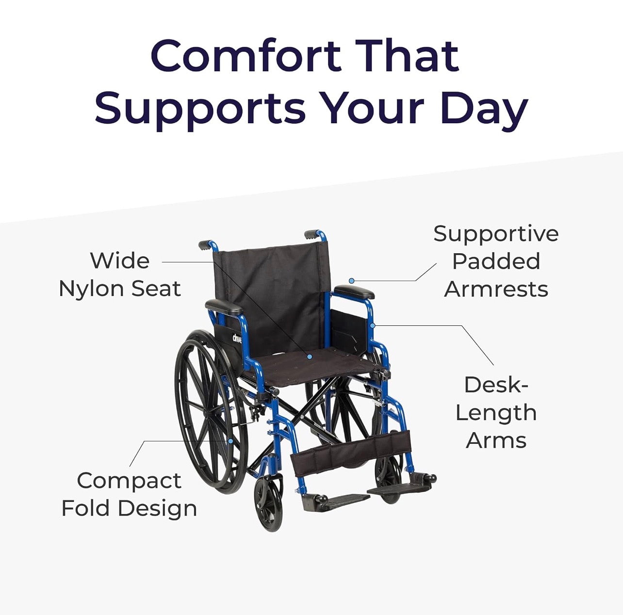 Silla de ruedas azul con brazos desmontables de escritorio de Drive Medical