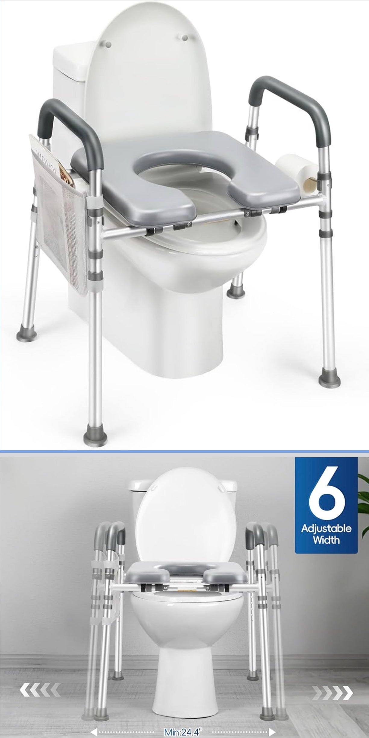 Asiento de inodoro elevado con asas, altura y ancho ajustables
500lb