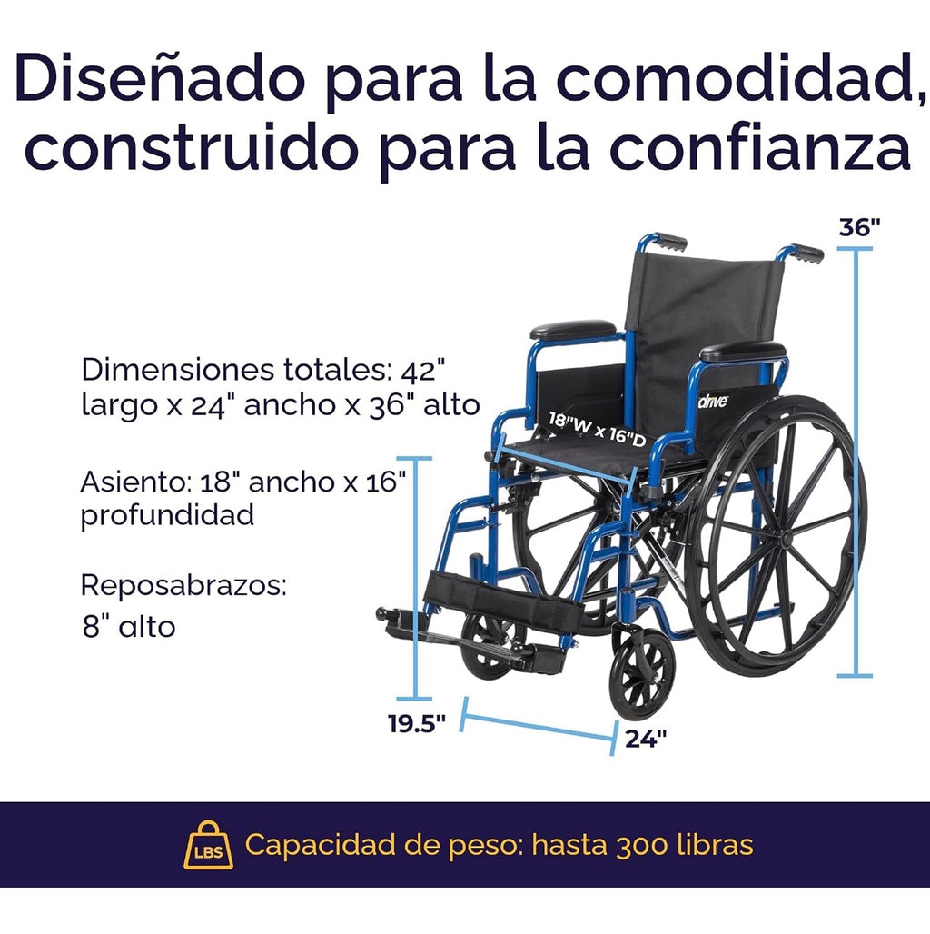Silla de ruedas azul con brazos desmontables de escritorio de Drive Medical
