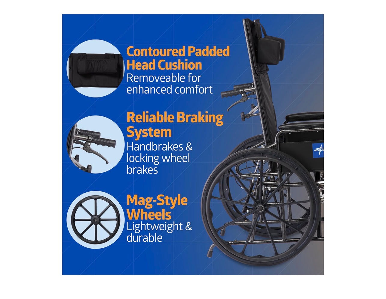 Medline Silla de ruedas reclinable 16”