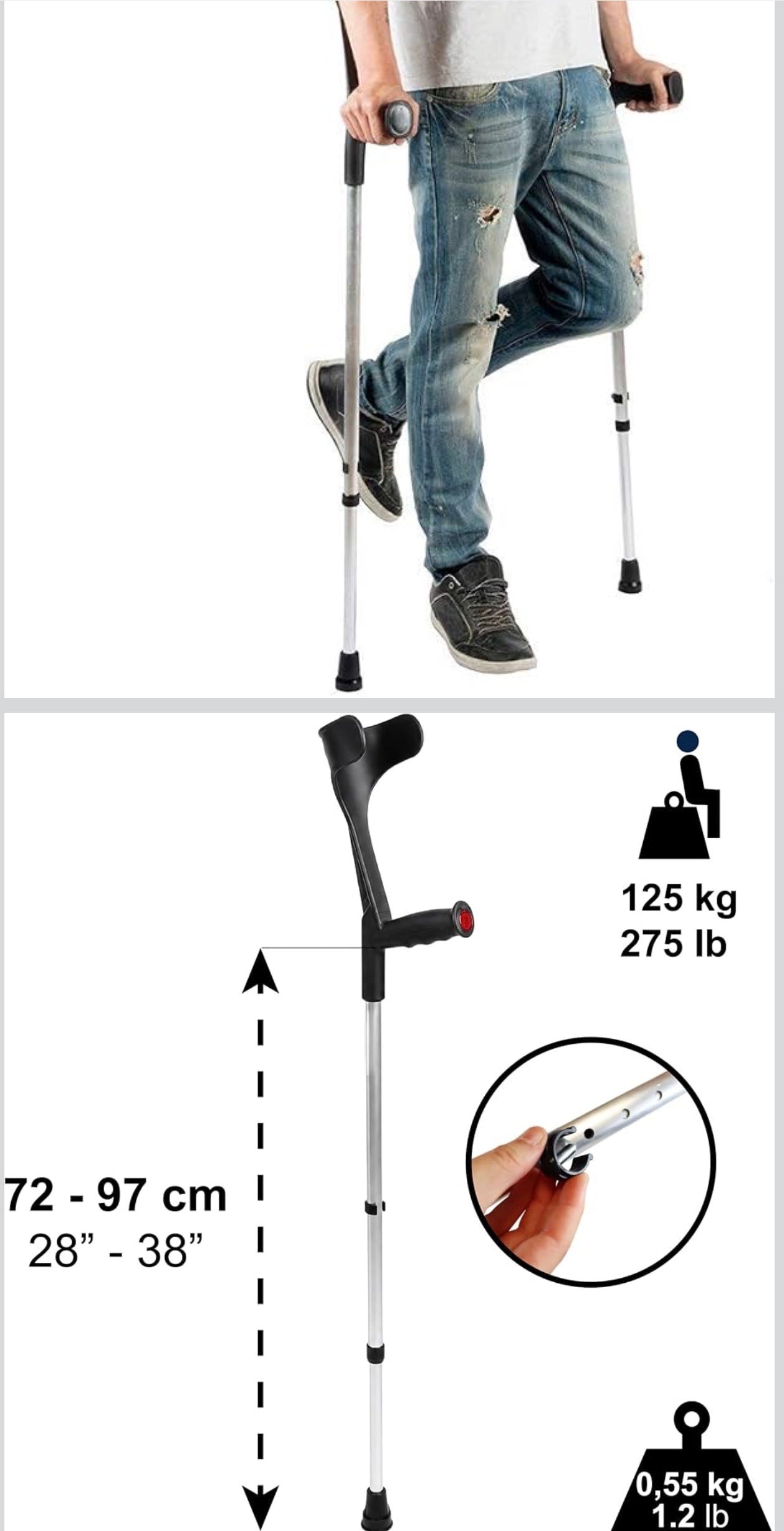 Mobility Muletas para antebrazo para adultos (2 unidades) puño abierto, altura ajustable, aluminio, muletas ligeras para codo, fabricadas en Europa