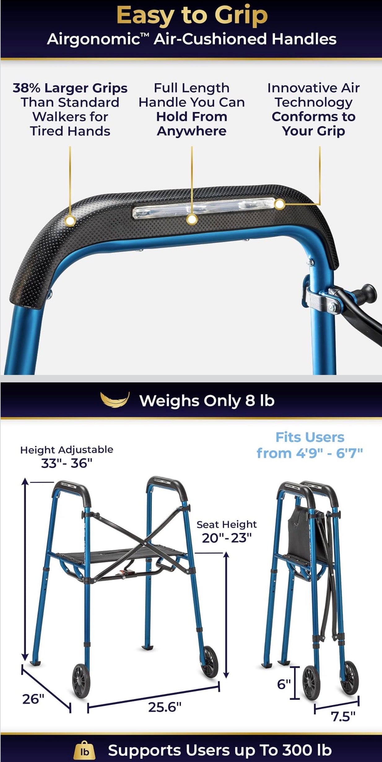 Air-Go - Andador plegable con asiento, capacidad de 300 libras