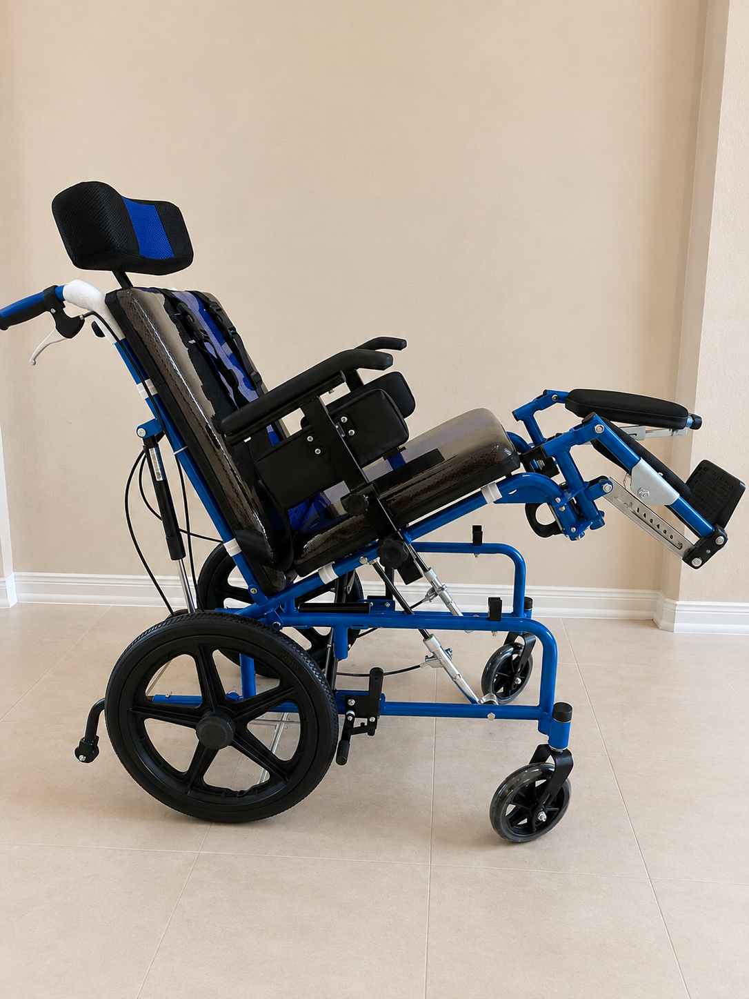 Pediatric Reclining Wheelchair with Headrest & Elevating Leg Rests – Blue